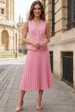 Robe de travail midi rose plissée plissée à un seul bouton, 2 pièces