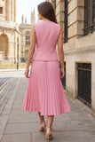Robe de travail midi rose plissée plissée à un seul bouton, 2 pièces