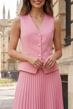 Robe de travail midi rose plissée plissée à un seul bouton, 2 pièces