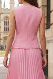 Robe de travail midi rose plissée plissée à un seul bouton, 2 pièces