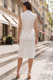 Robe de travail à revers en châle ivoire simple boutonnage en 2 pièces à fourreau