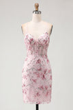 Corset fleuri rose à sequins Bodycon robe de rentrée à la maison