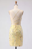 Corset transparent jaune bodycon, paillettes florales, robe courte de rentrée avec dentelle dans le dos