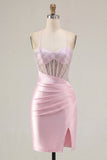 Robe de balaison à la maison corset rose transparente, perlée et froncée, avec fente
