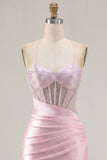 Robe de balaison à la maison corset rose transparente, perlée et froncée, avec fente