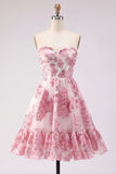 Robe de balaison rose A-Line Sweetheart Corset à volants