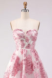 Robe de balaison rose A-Line Sweetheart Corset à volants