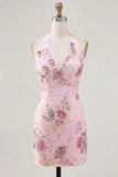 Robe de rentrée à la maison rose à col nu et paillettes bodycon