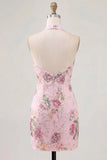 Robe de rentrée à la maison rose à col nu et paillettes bodycon