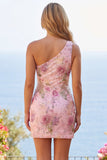 Robe rose à paillettes bodycon à une épaule florale de rentrée
