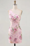 Robe rose à paillettes bodycon à une épaule florale de rentrée