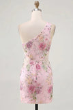 Robe rose à paillettes bodycon à une épaule florale de rentrée