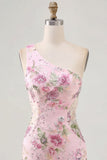 Robe rose à paillettes bodycon à une épaule florale de rentrée