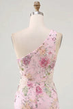 Robe rose à paillettes bodycon à une épaule florale de rentrée