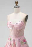 Robe de rentrée à la maison A-Line rose Sweetheart Twin transparente en corset transparent à sequins