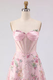 Robe de rentrée à la maison A-Line rose Sweetheart Twin transparente en corset transparent à sequins
