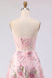 Robe de rentrée à la maison A-Line rose Sweetheart Twin transparente en corset transparent à sequins