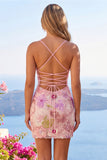 Robe de rentrée à la rentrée rose scintillante à fines fines florales