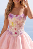 Robe de fin d’année rose Strap-bustless fleuri à sequins
