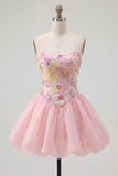 Robe de fin d’année rose Strap-bustless fleuri à sequins