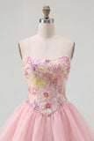 Robe de fin d’année rose Strap-bustless fleuri à sequins