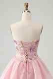 Robe de fin d’année rose Strap-bustless fleuri à sequins