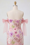 Robe de fin d’année rose bodycon moulante rose moulante avec nœud de fin d’année