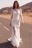 Robe de mariée bohème transparente à manches longues en dentelle sirène ivoire
