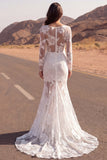 Robe de mariée bohème transparente à manches longues en dentelle sirène ivoire