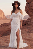 Robe de mariée bohème à volants en dentelle et ivoire à large épaule