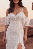 Robe de mariée bohème à volants en dentelle et ivoire à large épaule