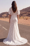 Robe de mariée bohème à manches courtes en dentelle ivoire sirène