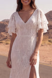 Robe de mariée bohème à manches courtes en dentelle ivoire sirène