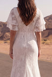 Robe de mariée bohème à manches courtes en dentelle ivoire sirène