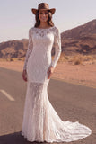 Robe de mariée bohème en traîne sirène à manches longues en dentelle ivoire