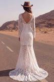 Robe de mariée bohème en traîne sirène à manches longues en dentelle ivoire