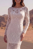 Robe de mariée bohème en traîne sirène à manches longues en dentelle ivoire