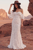 Robe de mariée sirène bohème en dentelle ivoire dénudée