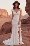Robe de mariée bohème à volants en dentelle ivoire et sirène à volants