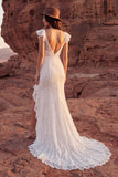 Robe de mariée bohème à volants en dentelle ivoire et sirène à volants