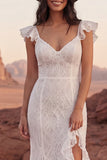 Robe de mariée bohème à volants en dentelle ivoire et sirène à volants