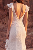 Robe de mariée bohème à volants en dentelle ivoire et sirène à volants