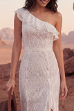 Robe de mariée bohème, sirène à volants en dentelle d’une épaule et ivoire