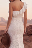 Robe de mariée bohème, sirène à volants en dentelle d’une épaule et ivoire