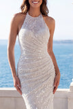 Robe de mariée sirène en ivori de dos nus et paillettes froncées