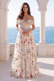 Corset fleuri ivoire à épaules dénudées, robe de mariée A Line
