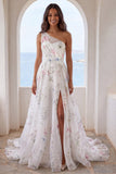 Robe de mariée sirène à motifs ivaire imprimés sur une épaule avec fente