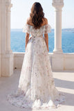 Robe de mariée à volants en ivoire à épaules décalées
