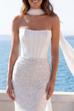 Robe de mariée corset sirène sans bretelles en ivoire, avec écharpe