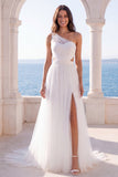 Robe de mariée ivoire à une épaule découpée à ligne A avec fente